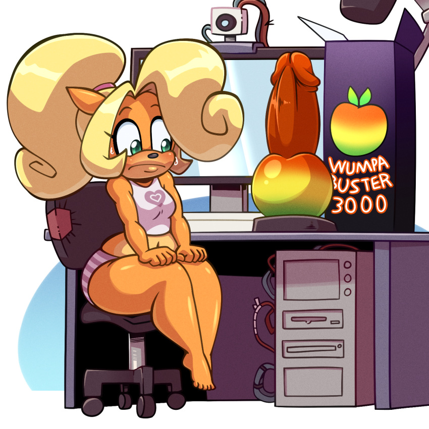 1:1 activision anthro bandicoot biped blonde_hair blush bodily_fluids breasts clothed clothing coco_bandicoot computer crash_(series) desktop dildo electronics eyelashes female hair hi_res hyoumaru mammal marsupial panties pupils sex_toy sitting sweat thick_thighs underwear