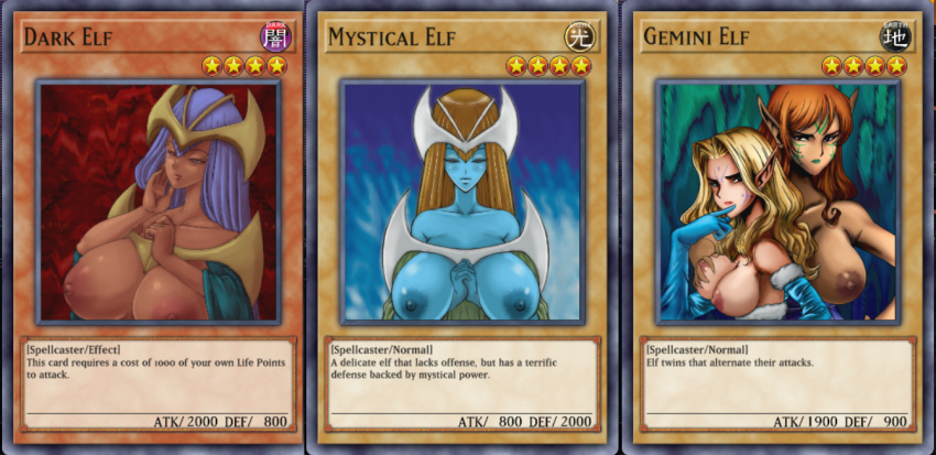 big_areola big_breasts blonde_hair blue_skin brown_hair card_game dark_skin duel_monster elf elf_ears elf_female female gemini_elf long_hair markings mystical_elf tattoo text urielmanx7 yu-gi-oh!