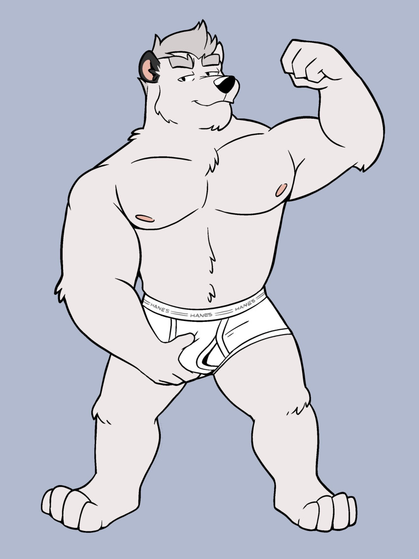 1boy 1male anthro bear black_body black_eyes black_fur black_nose blue_background briefs briefs_only clothed clothing crotch_grab dominant eyebrows flexing_muscles fur grope half-closed_eyes hanes heyitscousindave hi_res male mammal monotone_briefs monotone_clothing monotone_underwear muscular muscular_male narrowed_eyes only_male seductive simple_background smile solo thick_eyebrows tighty_whities topless underwear underwear_only white_body white_briefs white_clothing white_fur white_underwear