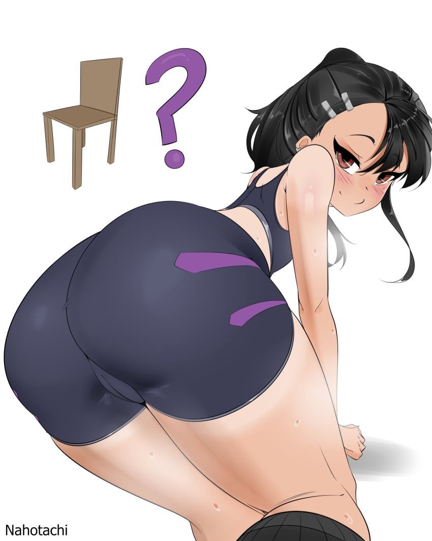 1girls ass ass_focus big_ass bike_shorts black_hair black_shorts blush brown_eyes female from_behind from_below hayase_nagatoro huge_ass nahotachi please_don't_bully_me,_nagatoro shorts sweat thick_thighs thighs