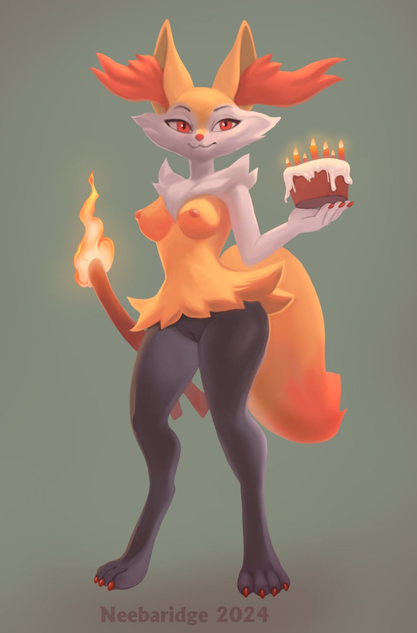 2024 :3 anthro biped braixen breasts cake canid canine claws dessert digital_media_(artwork) digital_painting_(artwork) feet female fire food fur generation_6_pokemon genitals hi_res inner_ear_fluff mammal neebaridge nintendo nipples orange_eyes paws pokémon pokémon_(species) pussy shaded solo standing stick tuft yellow_body yellow_fur