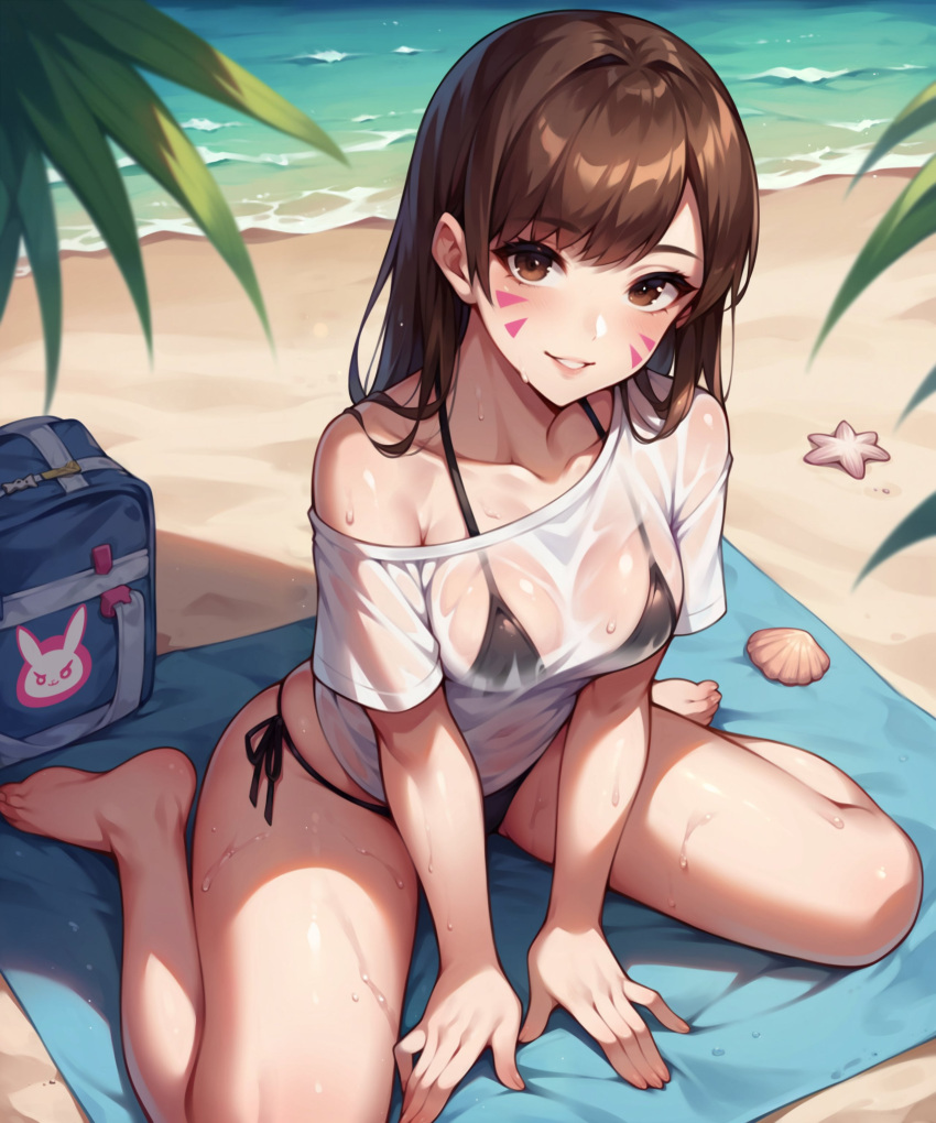 ai_generated aimoonshine bag barefoot beach beach_towel bikini_under_clothes black_bikini brown_eyes brown_hair d.va hana_song hand_between_legs looking_at_viewer medium_breasts micro_bikini off_shoulder outdoors overwatch overwatch_2 parted_lips seashell see-through see-through_clothing see-through_shirt side-tie_bikini side-tie_bikini_bottom sitting smile sunlight t-shirt wariza water wet_shirt whisker_markings white_shirt