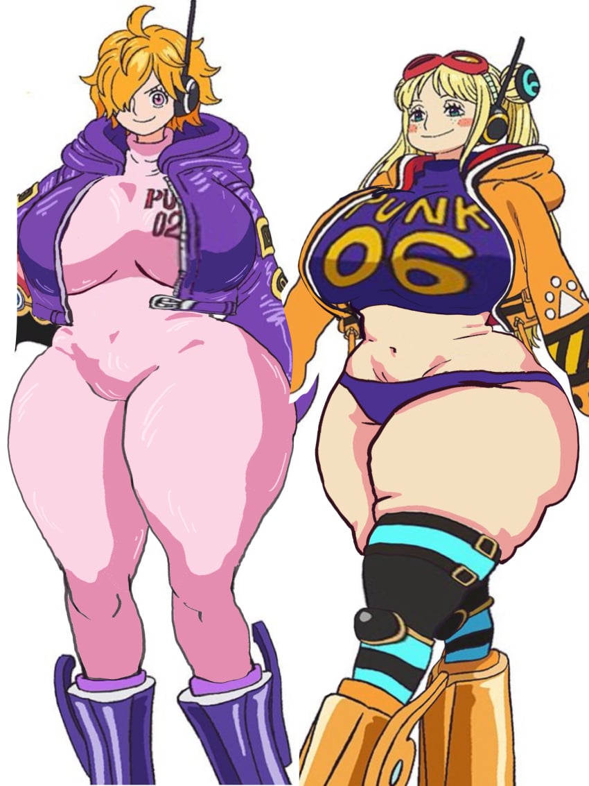 artist_request belly big_ass big_breasts blonde_hair bodysuit clothed edit egghead fat_belly fat_female fat_woman female female_only huge_breasts multiple_girls one_piece overweight thick thick_ass thick_thighs thighhighs vegapunk_lilith vegapunk_york