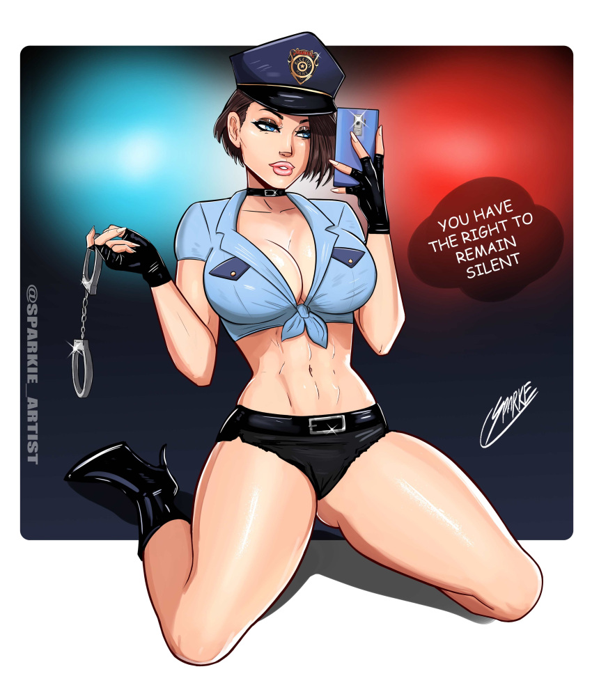 alternate_version_available bare_midriff busty capcom female female_focus female_only hourglass_figure jill_valentine kneeling pinup_pose police police_hat police_officer police_uniform policewoman pose resident_evil sparkietheartist tagme tied_shirt wide_hips