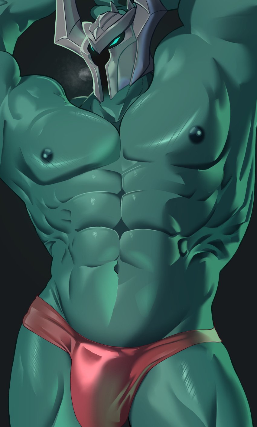 1boy 29ºc bara bulge green_body green_skin helmet horned_helmet league_of_legends male male_only mordekaiser muscular_male niku405 penis_outline riot_games underwear