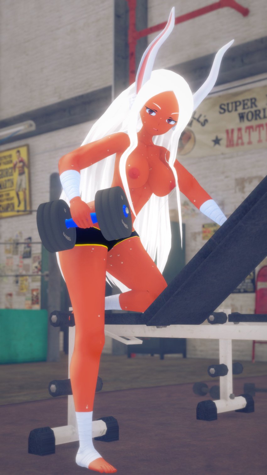 big_breasts boku_no_hero_academia breasts bunny_ear fanart female fitness koikatsu mirko miruko muscle_girl my_hero_academia rabbit_girl rumi_usagiyama sport sweatdrop tan_body tenguyurilove topless