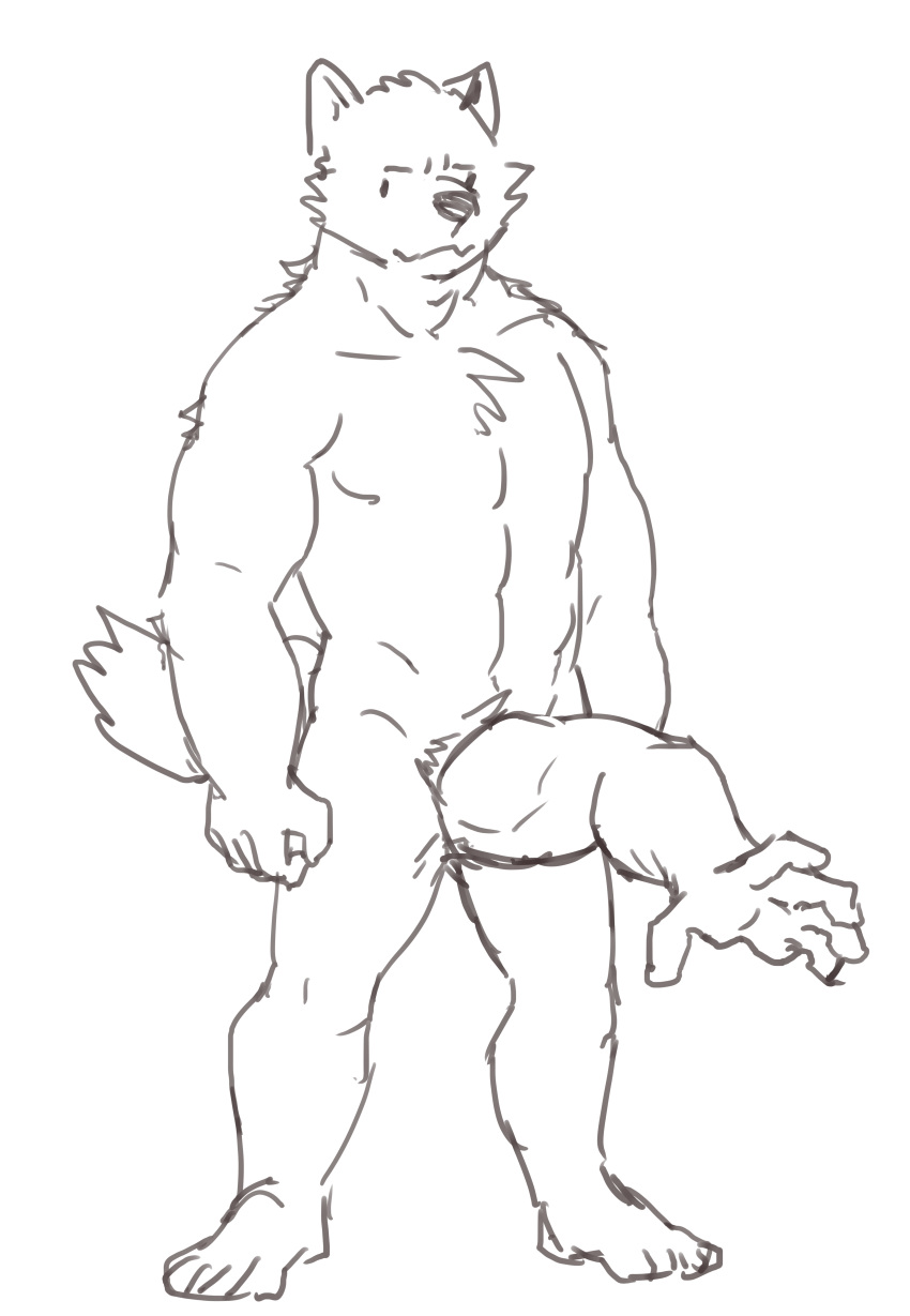 :3 absurd_res anthro biped black_and_white body_horror canine chest_tuft dot_eyes feet hi_res humor looking_at_viewer male male_only mammal monochrome muscular muscular_male nude penis royalsobatya simple_background sketch smile solo standing tuft unusual_penis what white_background