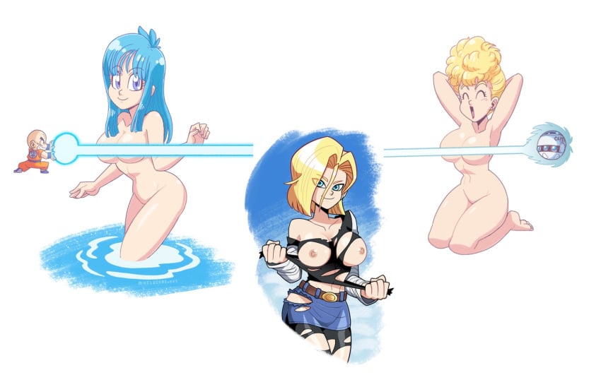 1boy 3girls android_18 areolae bare_shoulders blonde_hair blue_eyes blue_hair blush breasts censored chibi curvy datskelebutt dragon_ball dragon_ball_z energy female happy itsdatskelebutt krillin kuririn large_breasts long_hair looking_at_viewer machine maron milf multiple_girls muscle nipples nude open_mouth panchy panchy_(dragon_ball) panchy_briefs shiny shiny_skin smile water