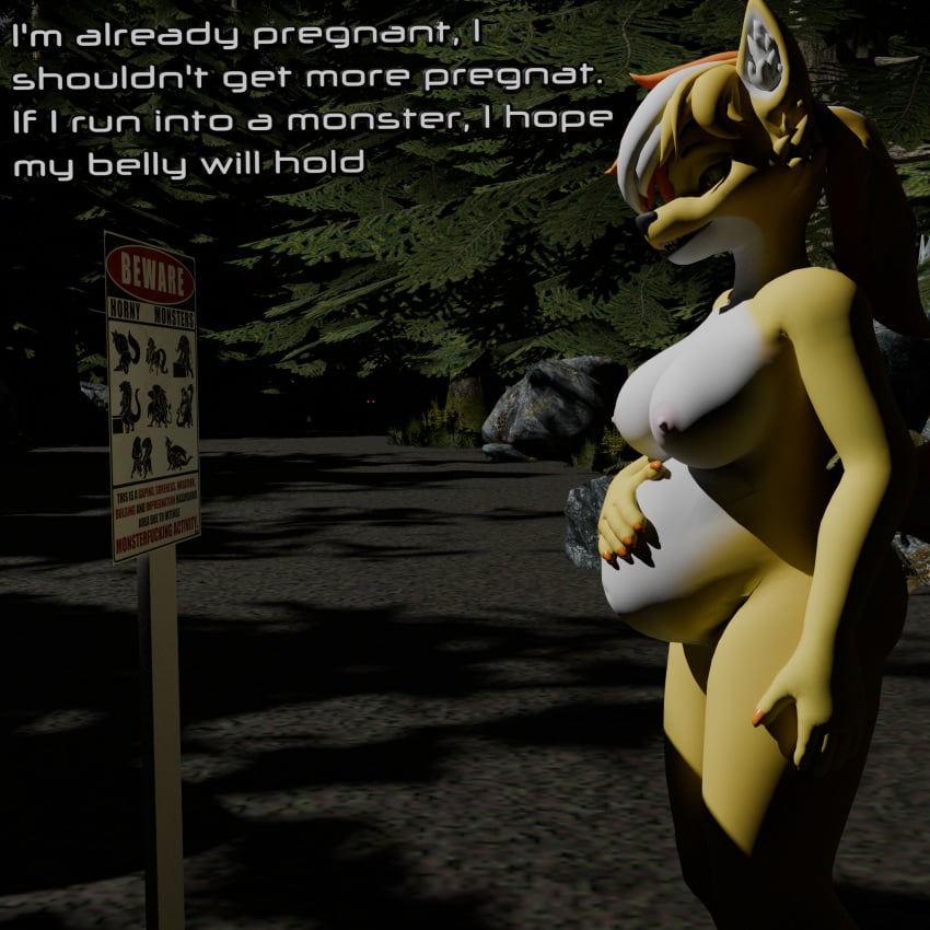 3d_(artwork) anthro background_eyes blender_cycles breasts canid canine canis danger danger_sign digital_media_(artwork) female forest glowing glowing_eyes hand_on_belly haolde hi_res imminent_rape mammal nipples nude plant pregnant red_eyes sign solo tree typo wolf