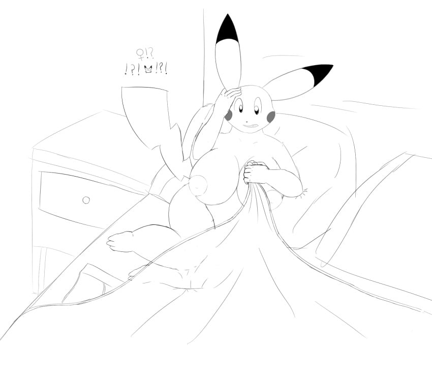 ! 1girls ? anthro ass bed bed_sheet bedding big_breasts black_and_white breasts female furry gender_transformation greyscale huge_breasts inverted_nipples monochrome nintendo nude pikachu pokémon_(species) pokemon pokemon_rgby post_transformation shocked short shortstack sketch slightly_chubby tail thick_thighs times transformation video_games wide_hips