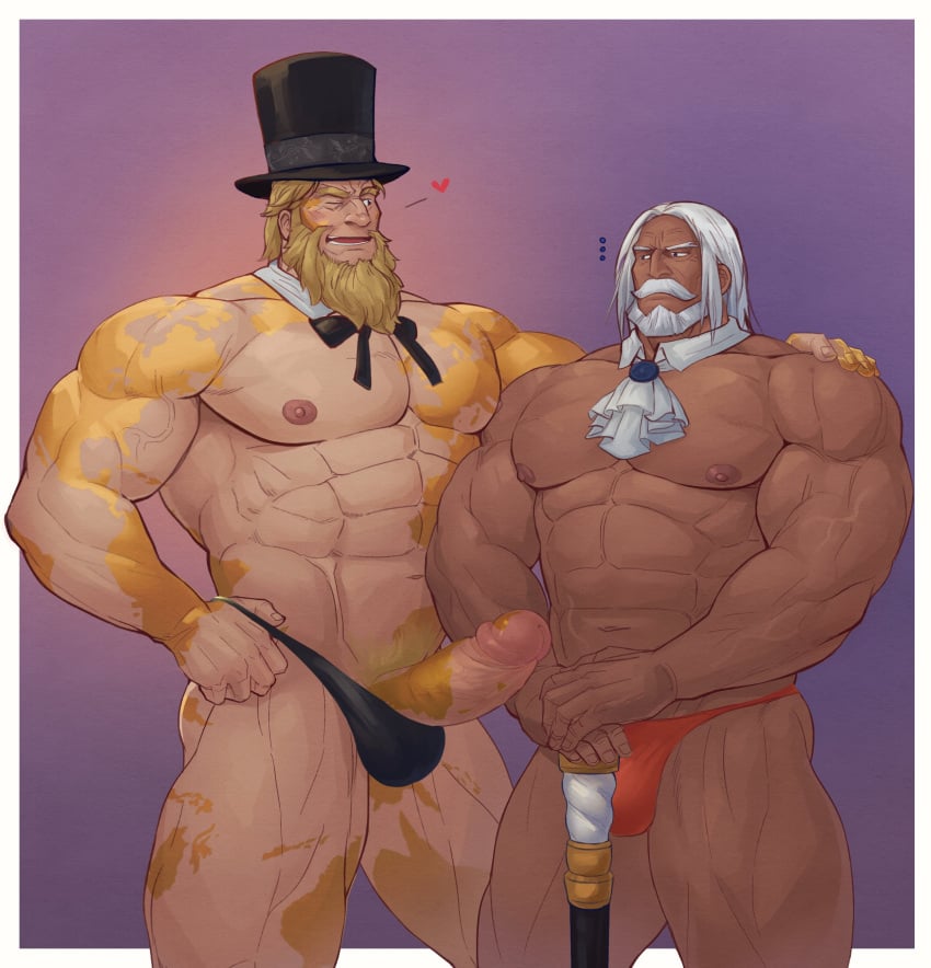 2boys bara beard big_penis bulge daddy erection g_(street_fighter) gay glensaru jp_(street_fighter) male male/male male_nipples male_only mature_male muscular_male nipples penis street_fighter thong underwear