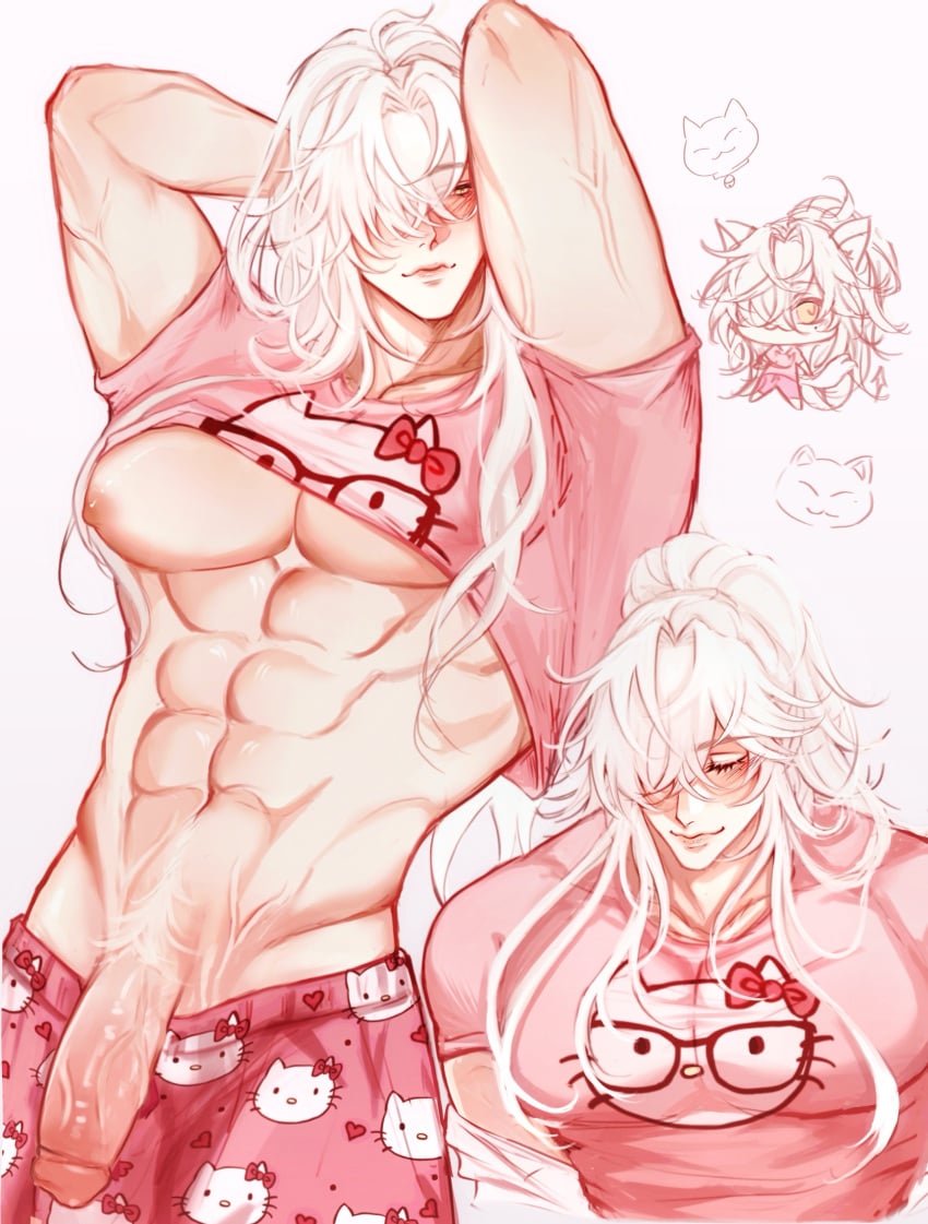 1boy carpet_matching_drapes colored_pubic_hair gay hello_kitty hello_kitty_(character) hello_kitty_(series) honkai:_star_rail jing_yuan kinzlev kitty_white long_hair male_focus male_only muscular muscular_male penis_out sanrio simple_background solo uncensored veiny_penis white_hair white_pubic_hair yaoi