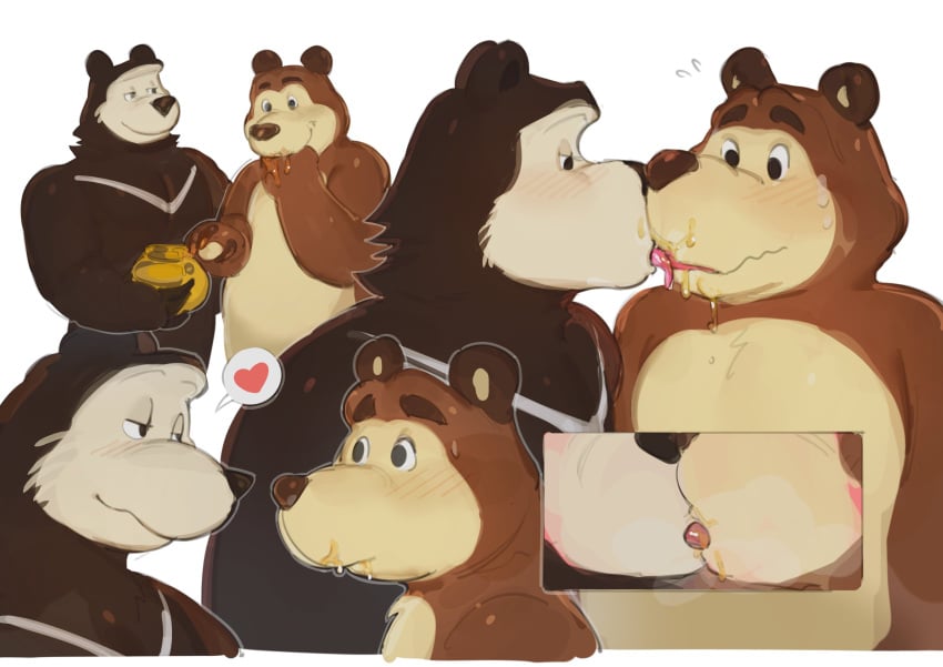 anthro bear bear_(masha_and_the_bear) gay heart_symbol honey honey_jar kissing kogito male male/male masha_and_the_bear rival_bear_(masha_and_the_bear) simple_background