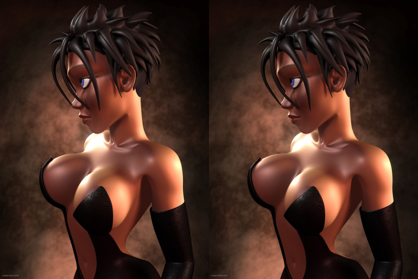 1girls 3d arcadonna artist_name bare_shoulders big_breasts black_dress black_gloves black_hair blue_eyes busty cleavage curvy detailed_background elbow_gloves eyelashes female female_only front_view gloves hourglass_figure human kondaspeter lipstick makeup red_lipstick shiny shiny_skin short_hair solo standing stereogram voluptuous wide_hips