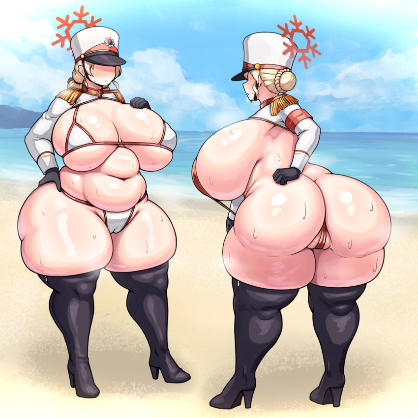 2girls alternate_ass_size alternate_body_type alternate_breast_size beach bent_over bikini blue_archive boots cameltoe child_bearing_hips chubby dumptruck_ass full-face_blush gigantic_ass gigantic_breasts gigantic_thighs innie_pussy large_belly looking_at_each_other micro_bikini red_winter_federal_academy_student red_winter_guard_(blue_archive) skindentation steam steaming_body sweaty sweaty_body thick_thighs very_sweaty voluptuous vulva wet_tea wide_hips