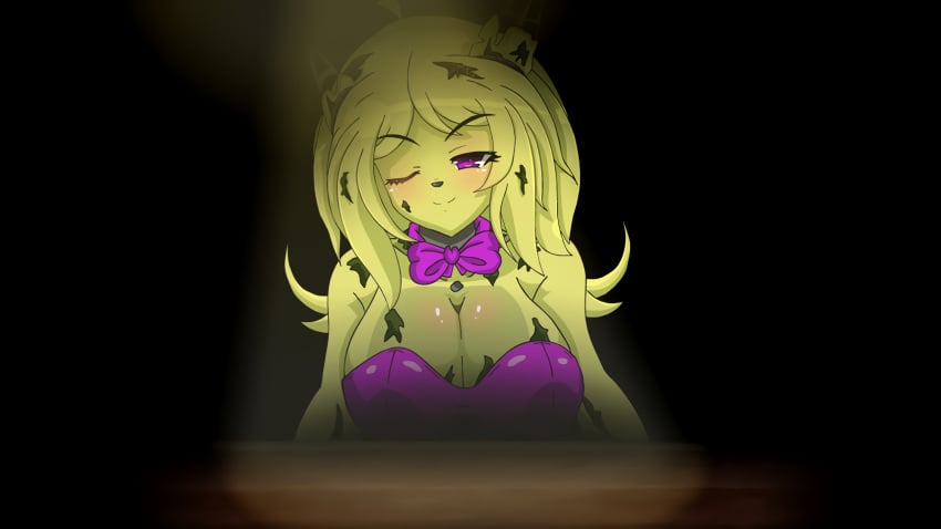 bowtie female five_nights_at_freddy's five_nights_in_anime fnia green_hair purple_eyes scrap_trap scraptrap solo springtrap springtrap_(fnaf) springtrap_(fnia)