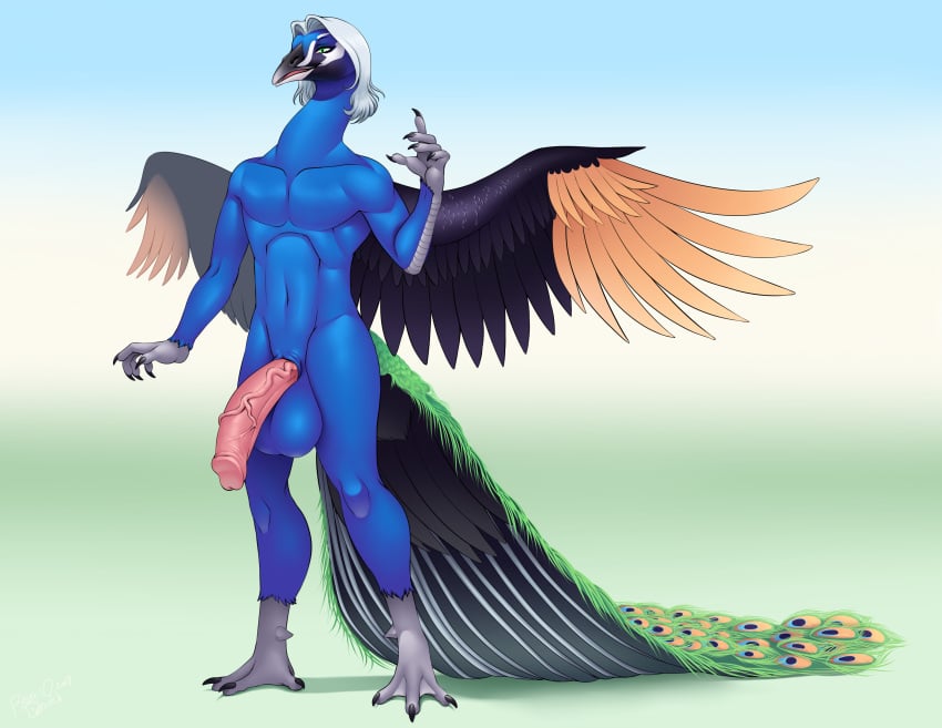 absurd_res anthro avian balls big_balls bird blue_body blue_fur cane emmett_stone fur galliform genitals hi_res humanoid_genitalia humanoid_penis male nude peacock peafowl penis phasianid revadiehard solo spread_wings wings