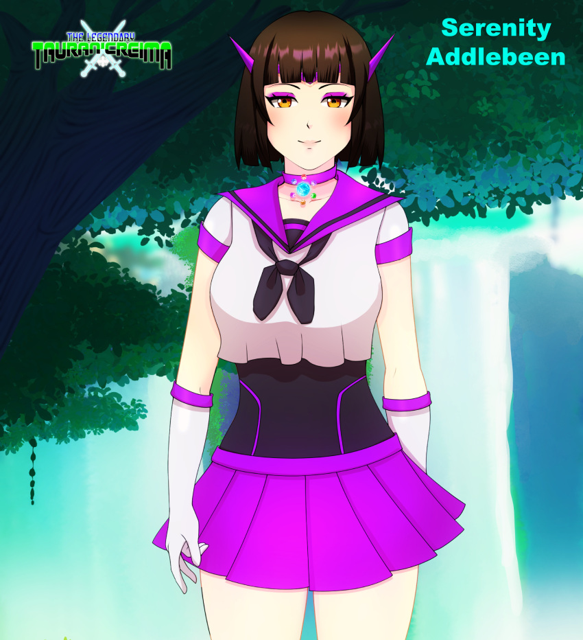 alternate_costume black_hair choker dress eyeliner forest gloves hi_res logo looking_at_viewer mature mature_female mature_woman orange_eyes original original_character outdoors outside sacredcourage sailor_uniform serenity_addlebeen_(the_legendary_tauran'creima) skirt smile the_legendary_tauran'creima tree waterfall