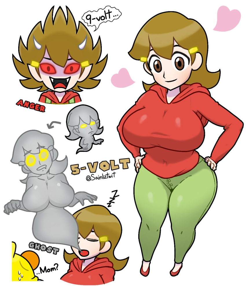 1boy 1girls 5-volt 9-volt astral_projection breasts brown_eyes brown_hair cfnm clothed clothing cum demon_face demon_girl demon_horns drooling female ghost green_legwear green_pants handjob huge_breasts human indoors looking_at_viewer mario_(series) milf nintendo red_shirt red_sweater scary_face smile thick_thighs thighs wario_(series) warioware warioware_gold yellow_hairclip