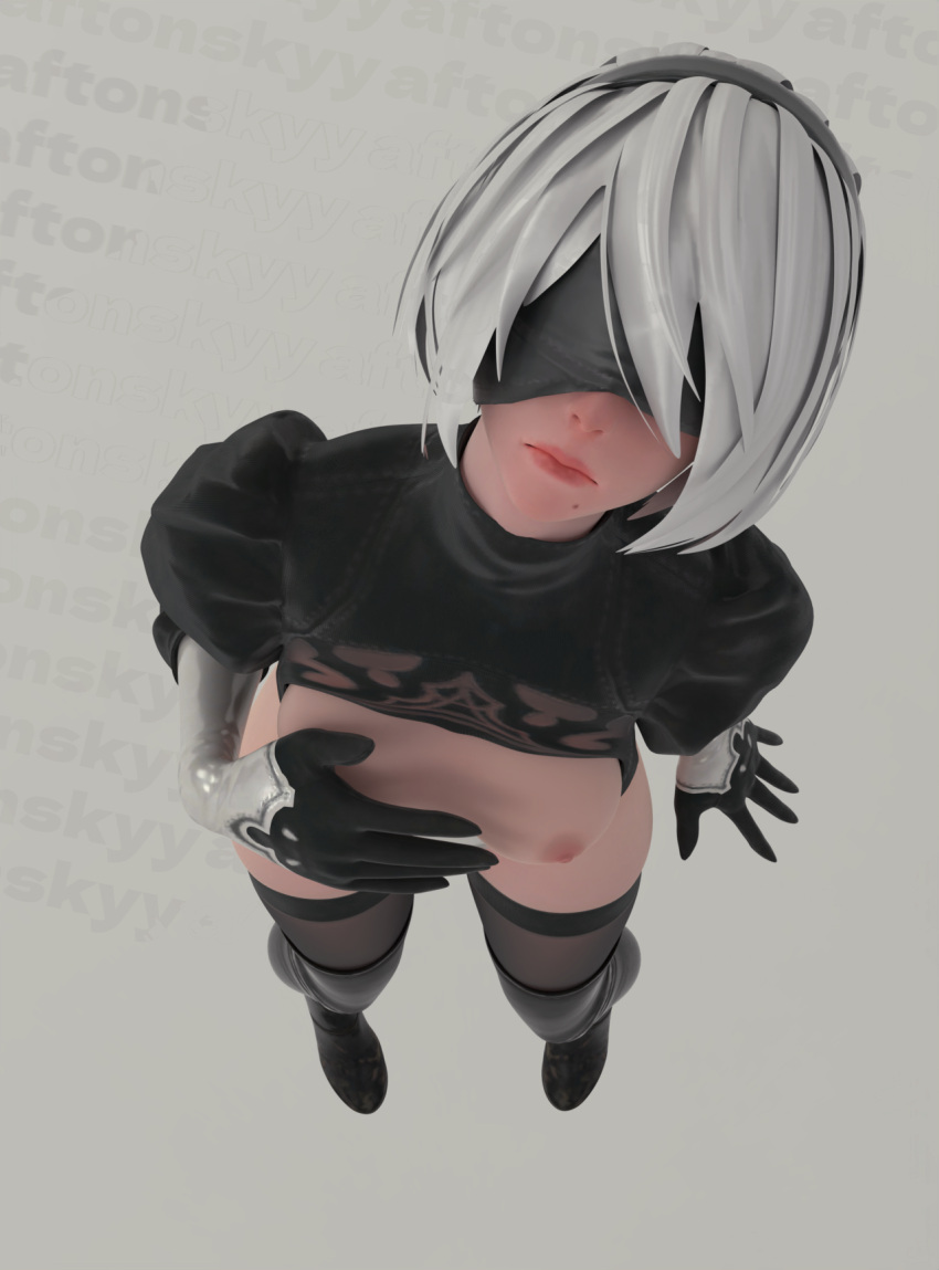 1boy 1girls 2boys aftonskyy anime anime_style ass big_ass big_breasts black_dress breasts breasts_out catgirl cum drakengard female furry jerking male nier:_automata sex small_breasts white_hair yorha_2b