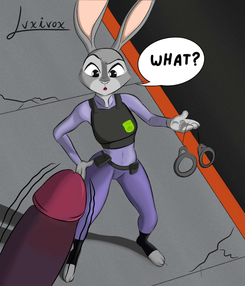 3_toes 5_fingers absurd_res anthro clothed clothing cuff_(restraint) dialogue disney duo english_text eyebrows feet female female_focus fingers fur furry genitals grey_body grey_fur grey_nose hi_res humanoid_genitalia humanoid_penis judy_hopps lagomorph leporid luxivox male mammal outside penis purple_penis rabbit raised_eyebrow restraints signature solo_focus text toes zootopia