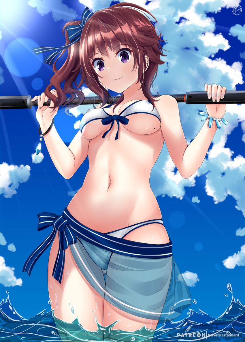 1girls arms_behind_back arms_behind_head bikini bikini_top breast_reveal breasts brown_hair cleavage hanabi_ichijo happy happy_female helvetia holding holding_object kitchen looking_at_viewer panties purple_hair revealing_breasts scarlet_nexus short_hair swimsuit thick_thighs thighs transparent_skirt underwear weapon white_panties window