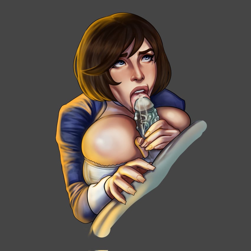 1boy 1girls big_breasts bioshock bioshock_infinite blowjob blue_eyes bolero breasts busty choker cleavage corset elizabeth_comstock fellatio female female_focus large_breasts long_fingernails male penis precum rajangnsfw sex short_hair tongue tongue_out wip work_in_progress