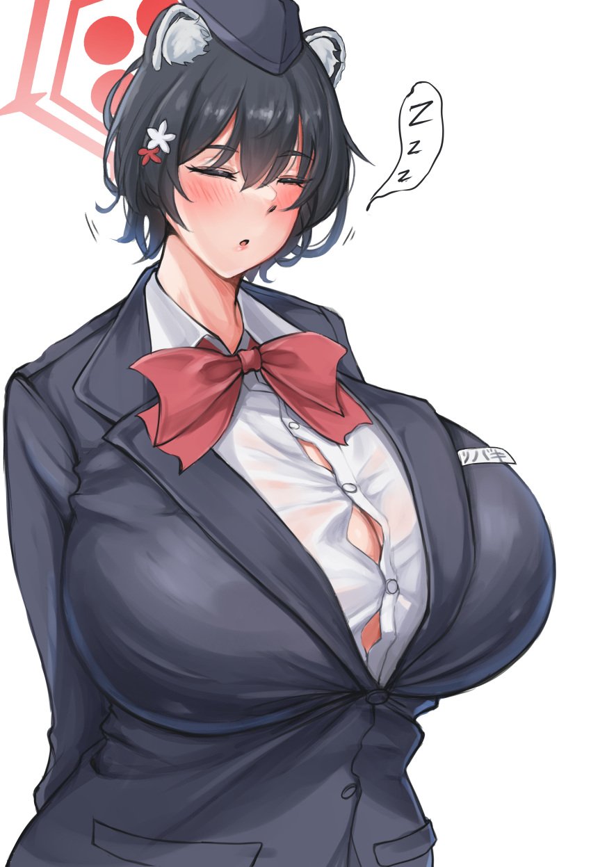 1girls animal_ears big_breasts black_hair blue_archive bowtie breasts busty closed_eyes curvaceous curvy curvy_body curvy_female curvy_figure female huge_breasts inconvenient_breasts large_breasts minori_(user_eket5233) red_bowtie tsubaki_(blue_archive) voluptuous