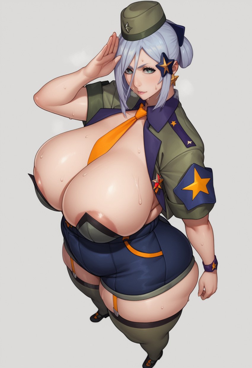 ai_generated alternate_costume areola_slip bleach blue_eyes destiny_child from_above from_side huge_ass huge_breasts huge_thighs looking_at_viewer necktie patreon plump salute sode_no_shirayuki sweat thick_thighs white_background white_hair xheceox