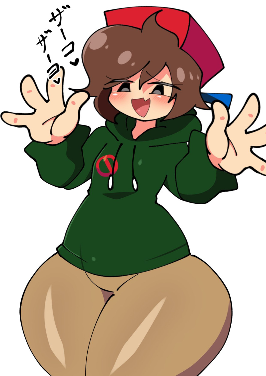 bakaneko_master blank_background brown_hair femboy friday_night_funkin giraffe_(fnf) giraffe_(friday_night_funkin) hoodie oerba_yun_fang one_fang plain_background thick thick_ass thick_butt thick_hips thick_legs thick_thighs white_background