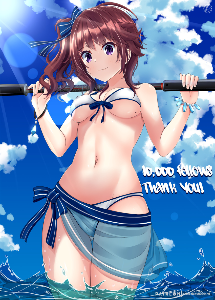 1girls arms_behind_back arms_behind_head bikini bikini_top breast_reveal breasts brown_hair cleavage hanabi_ichijo happy happy_female helvetia holding holding_object kitchen looking_at_viewer panties purple_hair revealing_breasts scarlet_nexus short_hair swimsuit thick_thighs thighs transparent_skirt underwear weapon white_panties window