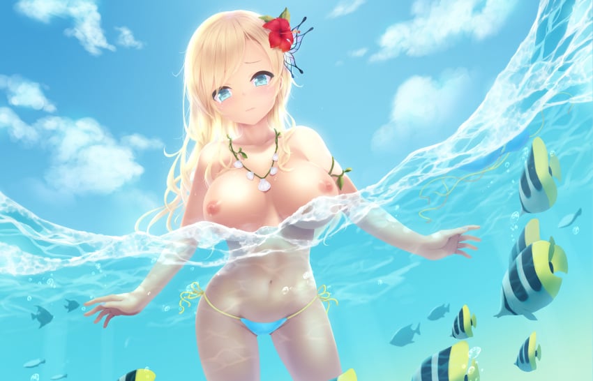 bikini_bottom blush boku_wa_tomodachi_ga_sukunai breasts butterfly_hair_ornament cait female fish flower looking_at_viewer necklace nipples ocean partially_submerged partially_underwater_shot sea sena_kashiwazaki sky solo topless underwater water