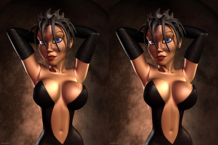 1girls 3d arcadonna artist_name bare_shoulders big_breasts black_dress black_gloves black_hair blue_eyes busty cleavage curvy detailed_background elbow_gloves eyelashes female female_only front_view gloves hourglass_figure human kondaspeter lipstick looking_at_viewer makeup red_lipstick shiny shiny_skin short_hair solo standing stereogram voluptuous wide_hips