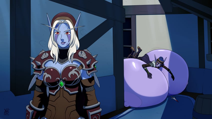 2girls blizzard_entertainment blue_hair blue_skin breast_expansion forsaken huge_breasts hyper_breasts night_elf purple_skin shandris_feathermoon sylvanas_windrunner undead undead_(warcraft) warcraft world_of_warcraft ydbunny