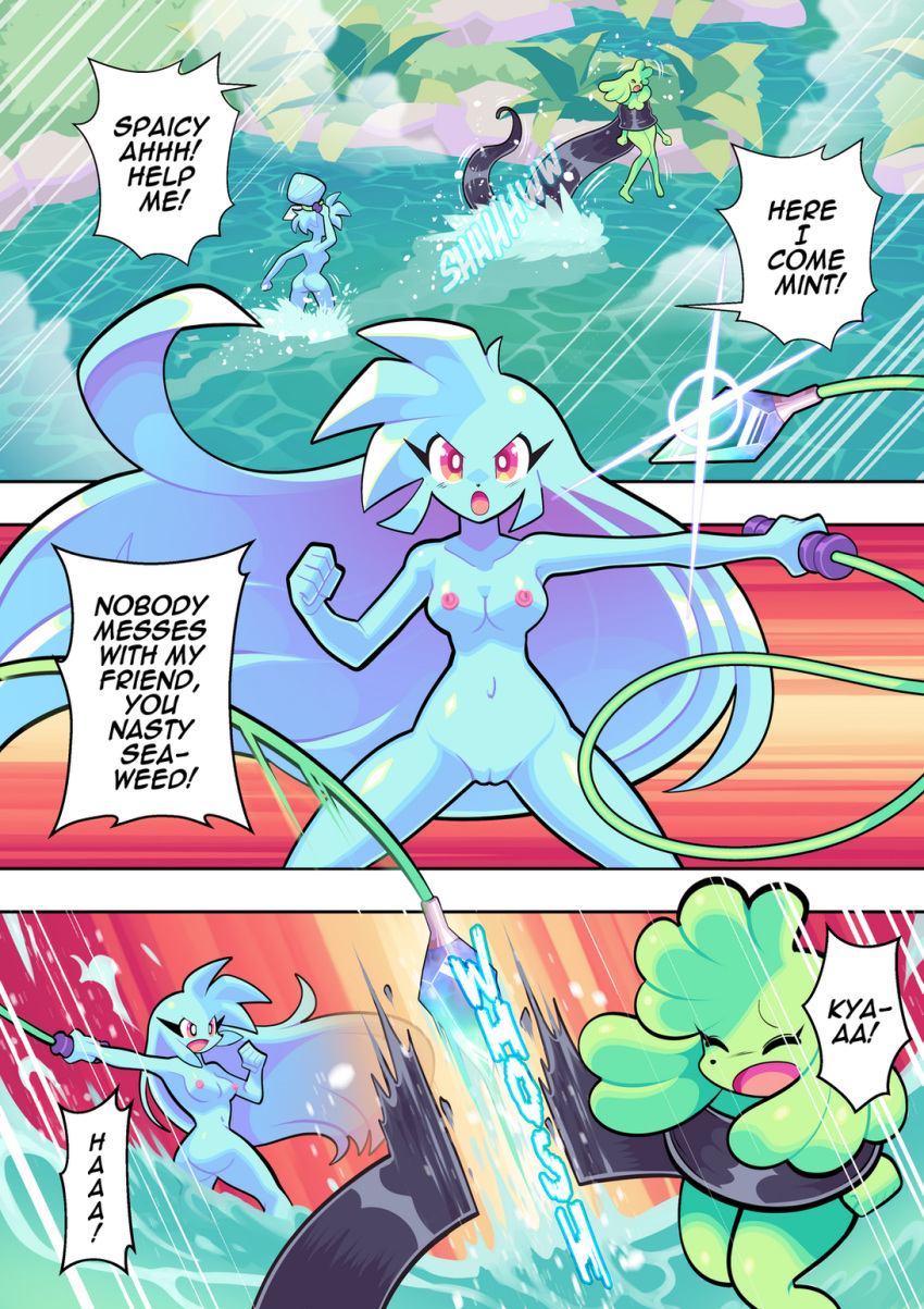 blue_hair blue_skin casual_exposure casual_nudity comic edit edited female green_hair green_skin hot_spring mint_starberry nude_filter purple_eyes spaicy spaicy_chicross tentacle weapon whip yellow_eyes