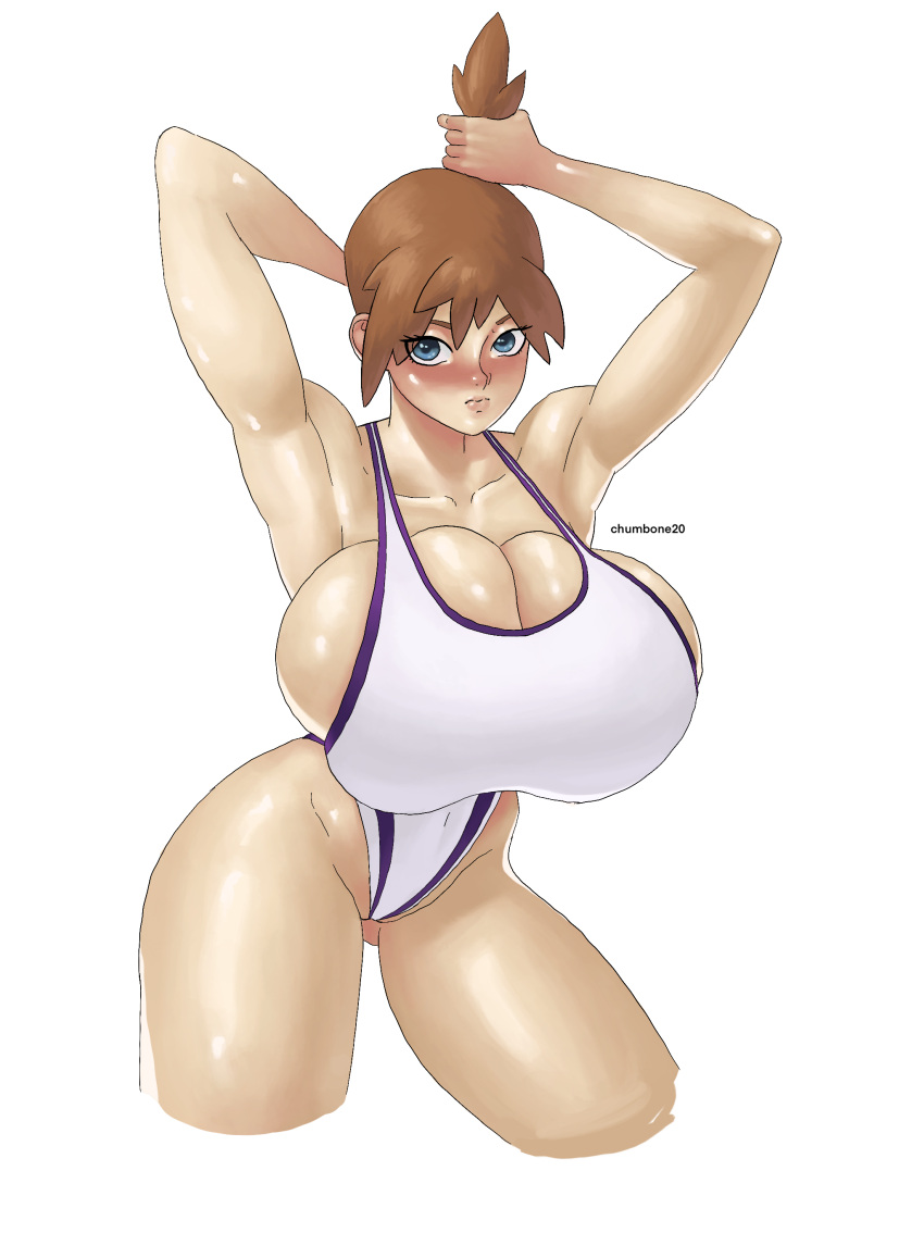 1girls alternate_breast_size armpits arms_up big_breasts bursting_breasts chumbone20 female female_only huge_breasts human kasumi_(pokemon) one-piece_swimsuit orange_hair pokemon skindentation solo swimsuit thick_thighs voluptuous wide_hips