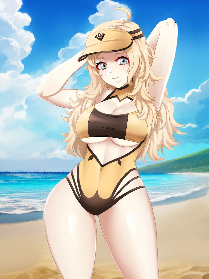 1girls ahoge alternate_costume arms_up beach blonde_hair breasts cleavage cleavage_cutout clothing_cutout cowboy_shot female female_only fire_emblem fire_emblem_fates grey_eyes high_heels highres large_breasts long_hair nintendo ocean one-piece_swimsuit ophelia_(fire_emblem) outdoors revealing_clothes seityr solo standing swimsuit thighs underboob underboob_cutout visor_cap wide_hips yellow_one-piece_swimsuit yellow_swimsuit