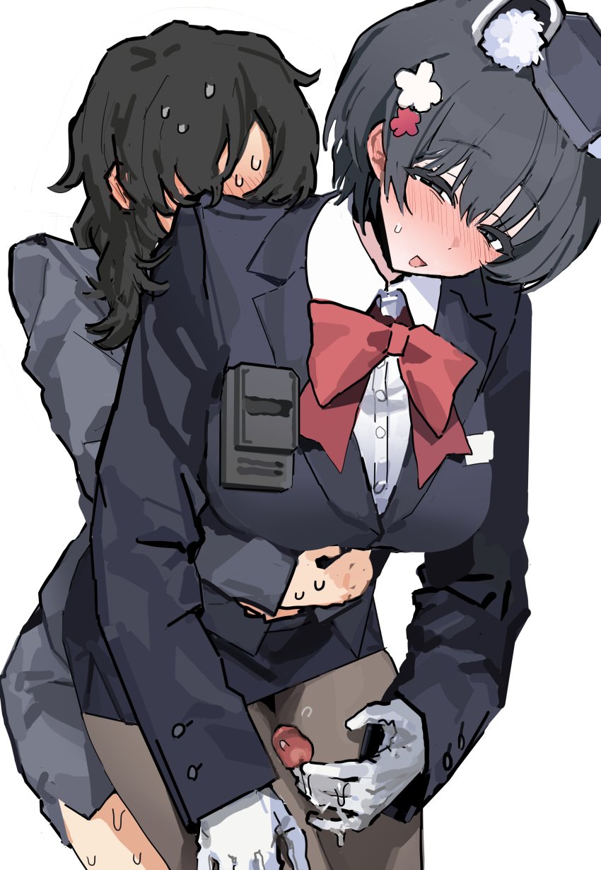 1futa 1girls absurdres animal_ear_fluff animal_ears black_eyes black_hair black_jacket black_pantyhose black_skirt blue_archive blush bow bowtie breasts clothed clothing collared_shirt dialogue duo female female_sensei_(blue_archive) fully_clothed futa_on_female futa_with_female futanari garrison_cap gloves half-closed_eyes hat highres hug hug_from_behind human jacket japanese_text large_breasts light-skinned_female light-skinned_futanari light_skin long_hair long_sleeves mekyokyopon mostly_clothed multiple_girls open_mouth pantyhose penis raccoon_ears red_bow red_bowtie sensei_(blue_archive) shirt short_hair skirt text textless_version thigh_sex tsubaki_(blue_archive) tsubaki_(guide)_(blue_archive) white_background white_gloves white_shirt