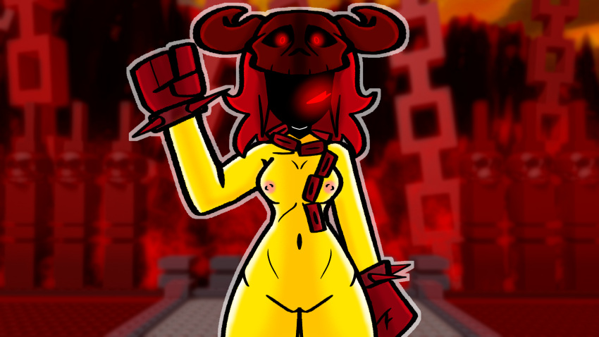 1girls deathbringer_(the_battle_bricks) female fully_nude gauntlets genderswap_(mtf) ms_mediocre nude red_eyes roblox robloxian rule_63 the_battle_bricks yellow_skin