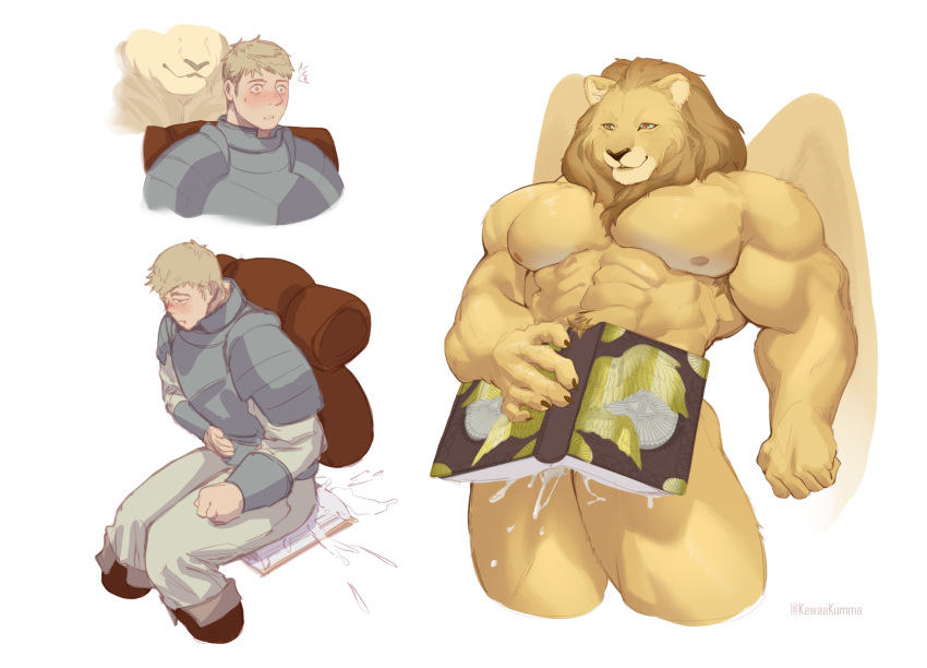 2boys abs anal armor artist_name bara blonde_hair blush book completely_nude cum cum_in_ass dungeon_meshi furry furry_male gauntlets gay highres holding holding_book kawaakumma laios_touden large_pectorals male male_focus male_only manly mature_male multiple_boys muscular muscular_male nipples nude open_book pants pectorals short_hair simple_background smirk thick_arms thick_eyebrows thick_thighs thighs twitter_username white_background winged_lion_(dungeon_meshi) wings yaoi yellow_eyes