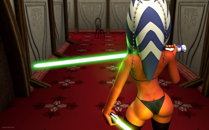 1girls 3d ahsoka_tano alien alien_girl artist_name back_view bare_shoulders big_breasts bikini bikini_bottom bikini_top busty chair clone_wars coruscant curvy female female_only footwear green_lightsaber holding_object hourglass_figure humanoid indoors inside jedi jedi_padawan kondaspeter legwear lightsaber mammal midriff orange_skin pose posing room see-through senate_building shadow shiny shiny_skin solo standing star_wars stockings swimsuit thong togruta voluptuous weapon wide_hips