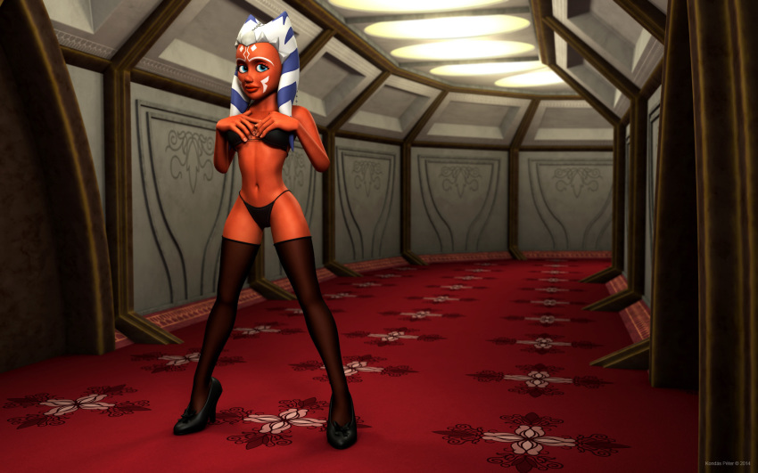 1girls 3d ahsoka_tano alien alien_girl artist_name bare_shoulders big_breasts bikini bikini_bottom bikini_top blue_eyes busty chair clone_wars coruscant curvy eyelashes female female_only footwear front_view hourglass_figure humanoid indoors inside jedi jedi_padawan kondaspeter legwear looking_down mammal marking midriff orange_skin pose posing room see-through senate_building shadow shiny shiny_skin sitting solo spread_legs spreading standing star_wars stockings swimsuit thong togruta voluptuous wide_hips