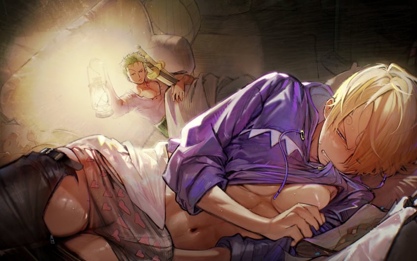 2boys blonde_hair blush hair_over_one_eye hammock hand_in_underwear heart_print hoodie in_bed lantern male male_only masturbation olu1132 on_side one_piece pants_down pre-timeskip roronoa_zoro shirt_in_mouth shirt_lift stealth_masturbation sweat sweatdrop sweatshirt vinsmoke_sanji zettai_ryouiki