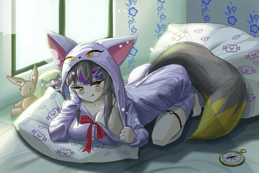 1girls ajigata_yunon animal_ears animal_hood bed bedroom breasts compass deepweb_nxsungi feet hair_ornament hood huge_breasts indoors inviting licking_lips light-skinned_female light_skin on_bed pajamas pajamas_pull pillows plushies room seductive tail virtual_youtuber vrecord wolf_ears wolf_girl wolf_tail