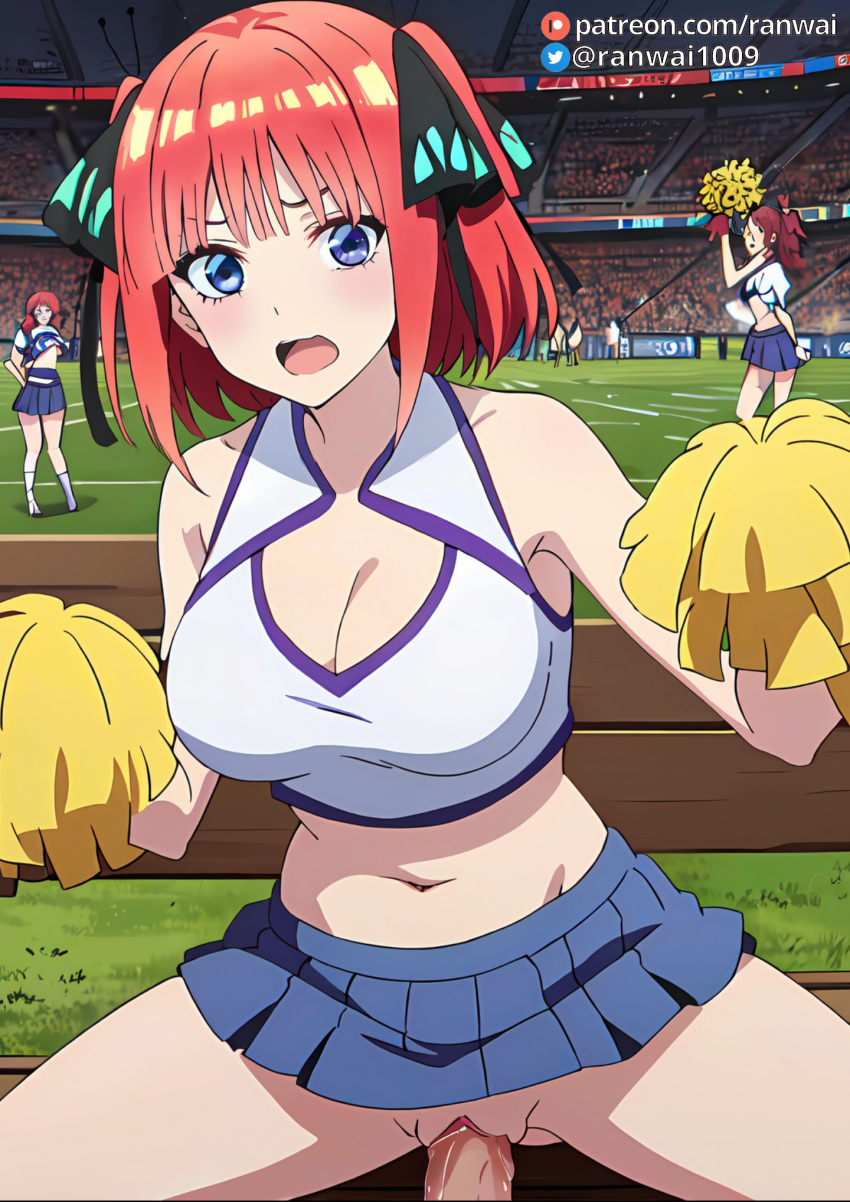 ai_generated anime blue_eyes cheerleader cheerleader_outfit cowgirl_position go-toubun_no_hanayome large_breasts nakano_nino pink_hair quintuplets ranwai sex stable_diffusion vaginal_penetration vaginal_sex