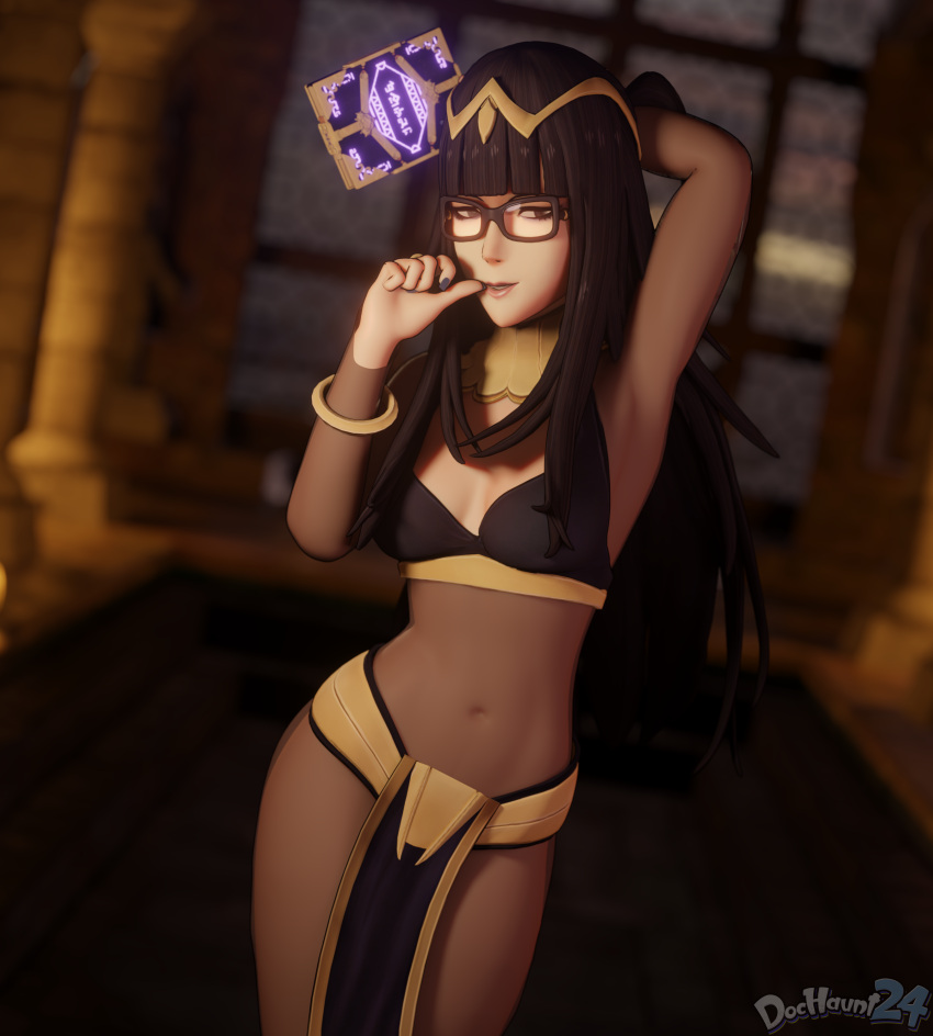 1girls 3d arm_behind_head armpits bangs black_eyes black_hair black_nails bodystocking book breasts covered_navel dochaunt24 female female_only fire_emblem fire_emblem_awakening glasses hand_on_own_face indoors looking_at_viewer medium_breasts midriff nail_polish nintendo pelvic_curtain smile solo standing tharja_(fire_emblem) thighs window