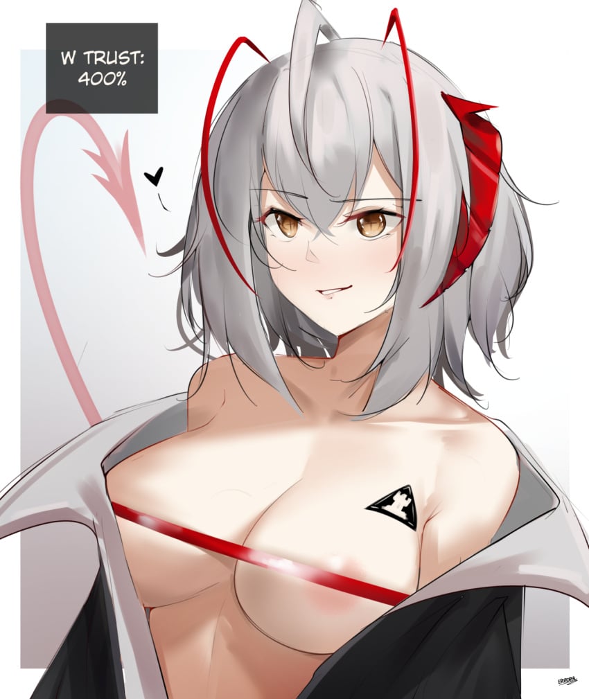 1girls 2024 arknights bare_shoulders big_breasts collarbone covered_nipples eroborne grey_hair heart hi_res horns light-skinned_female light_skin nipples_covered no_bra short_hair simple_background smile solo tattoo w_(arknights)