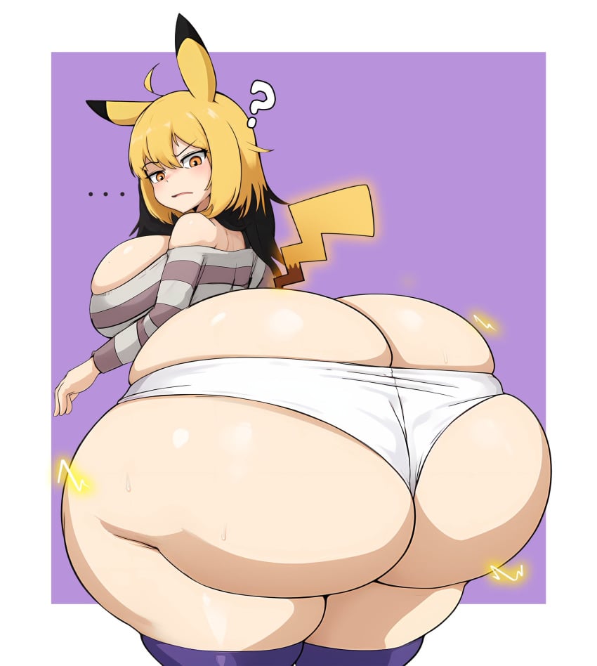 1girls ass ass_bigger_than_head ass_body ass_cleavage bare_shoulders black_highlights blonde_hair bubble_butt butt_crack electricity female female_only huge_ass humanized humanized_pokemon hyper hyper_ass kemono large_ass monkechrome pale-skinned_female pale_skin pikachu pikachu_ears pokemon purple_stockings shorts sideboob stockings striped_shirt sweat sweaty sweaty_body tail white_shorts yellow_eyes