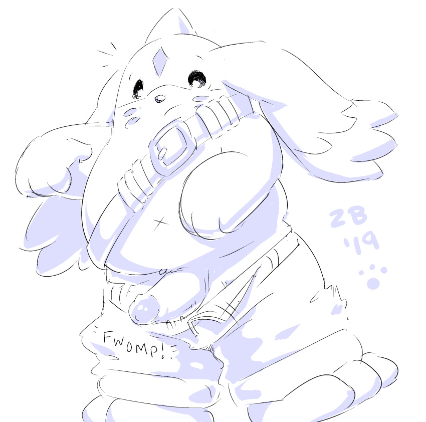 2019 absurd_res anthro belly blush bottomwear clothing digimon digimon_(species) english_text gargomon hi_res humanoid_hands humanoid_penis male male_only mammal navel overweight overweight_male pants penis simple_background solo text zestibone zesty