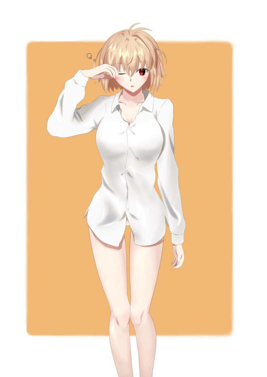 arcueid_brunestud barefoot blonde_hair breasts cleavage feet_out_of_frame female huge_breasts large_breasts long_legs melty_blood no_pants panties plump red_eyes short_hair sleepy smile solo thick thick_thighs tired tsukihime underwear waking_up wide yawning